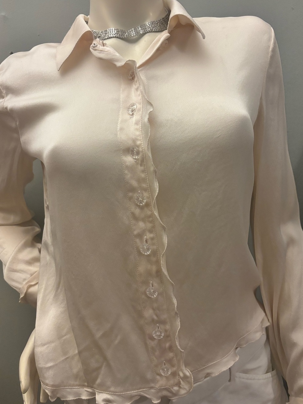 Versace Pale Cream Silk Ruffle-Trim Button-Down Shirt